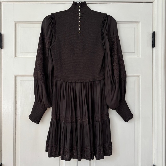 Ulla Johnson Noir Angelica Mock Neck Smocked Mini Dress Size 2 Embroidered Brown - Picture 10 of 16